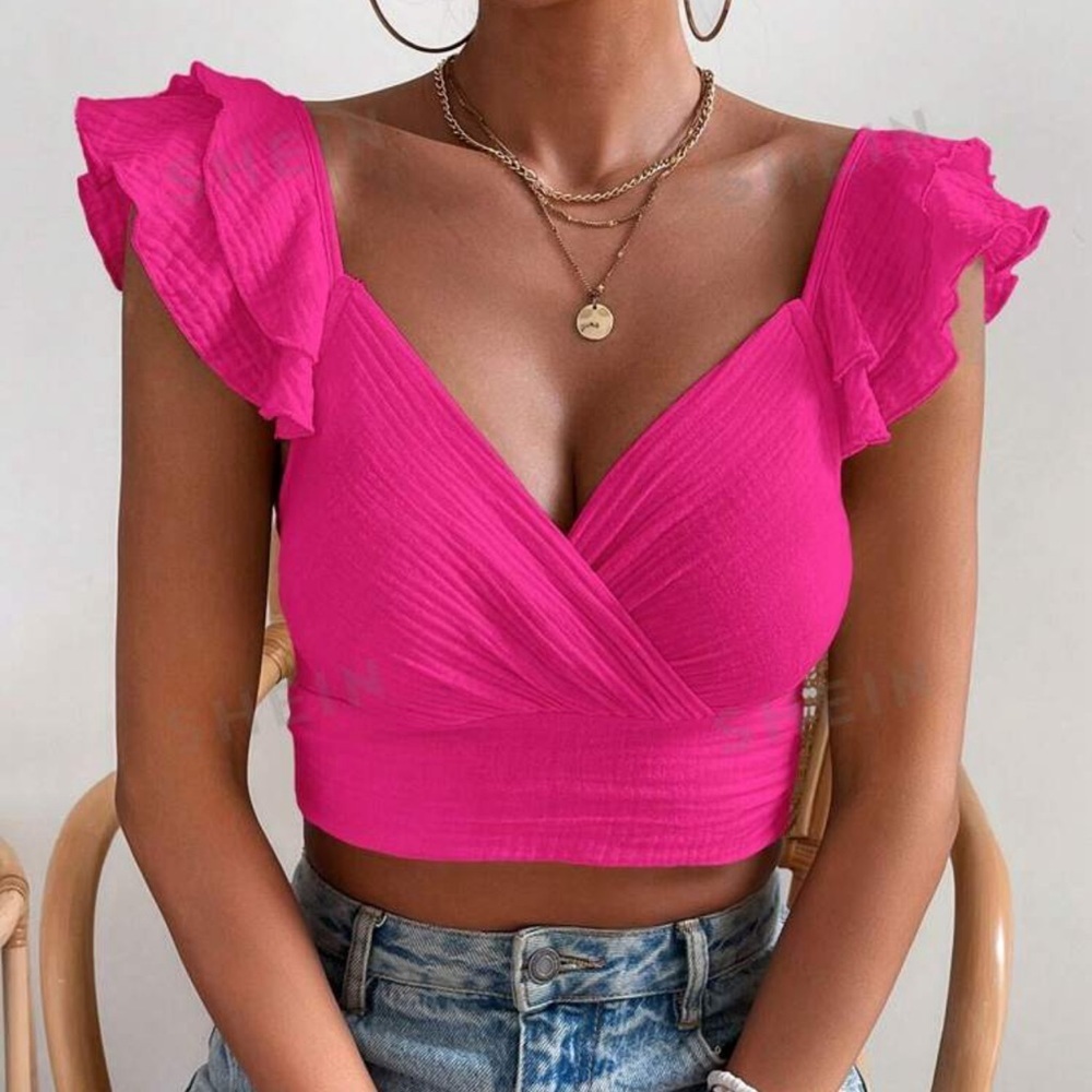 NWT SHEIN vacay pink ruffle trim crop top size medium